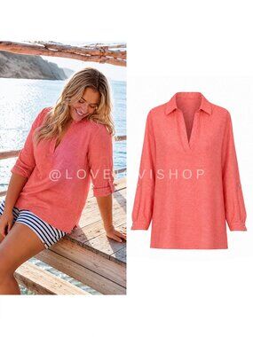 Coastal | Tahari Linen Long Sleeve Pullover Collared Shirt | Button Back | Coral